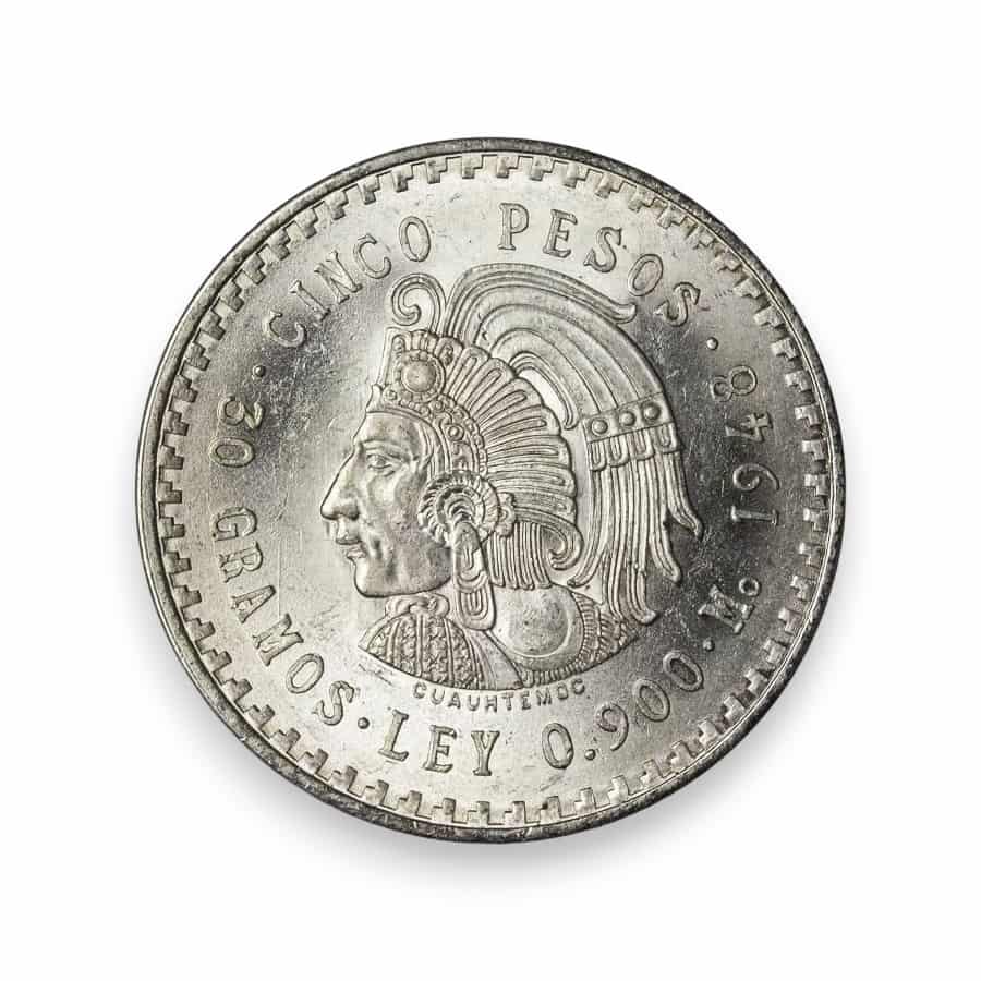 Image of 5 Pesos Mexico Cuauhtemoc .900 Fine Silver Coin (1947-1948)