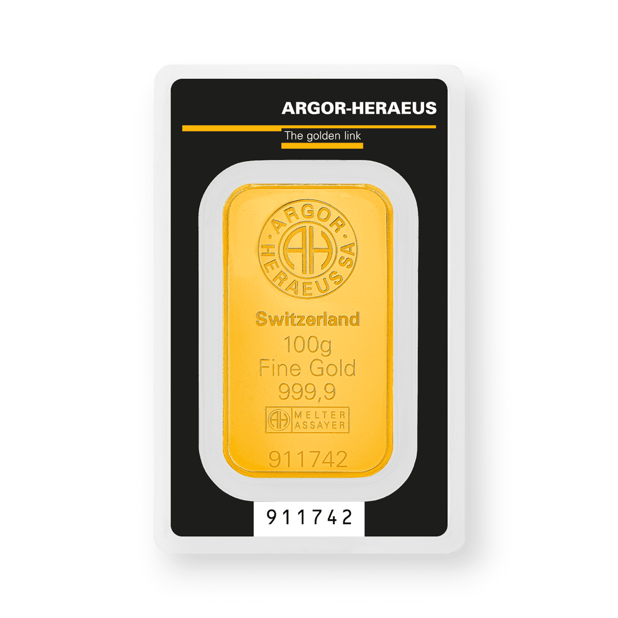 Image of 100 Gram Argor Heraeus Gold Bar .9999 Fine Sealed with Carded Assay