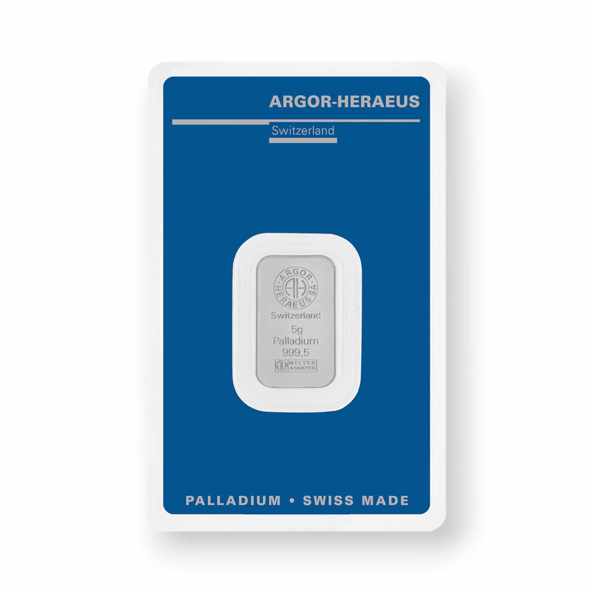 Image of 5 Gram Palladium Bar Argor Heraeus .9995 Fine Sealed in Carded Assay