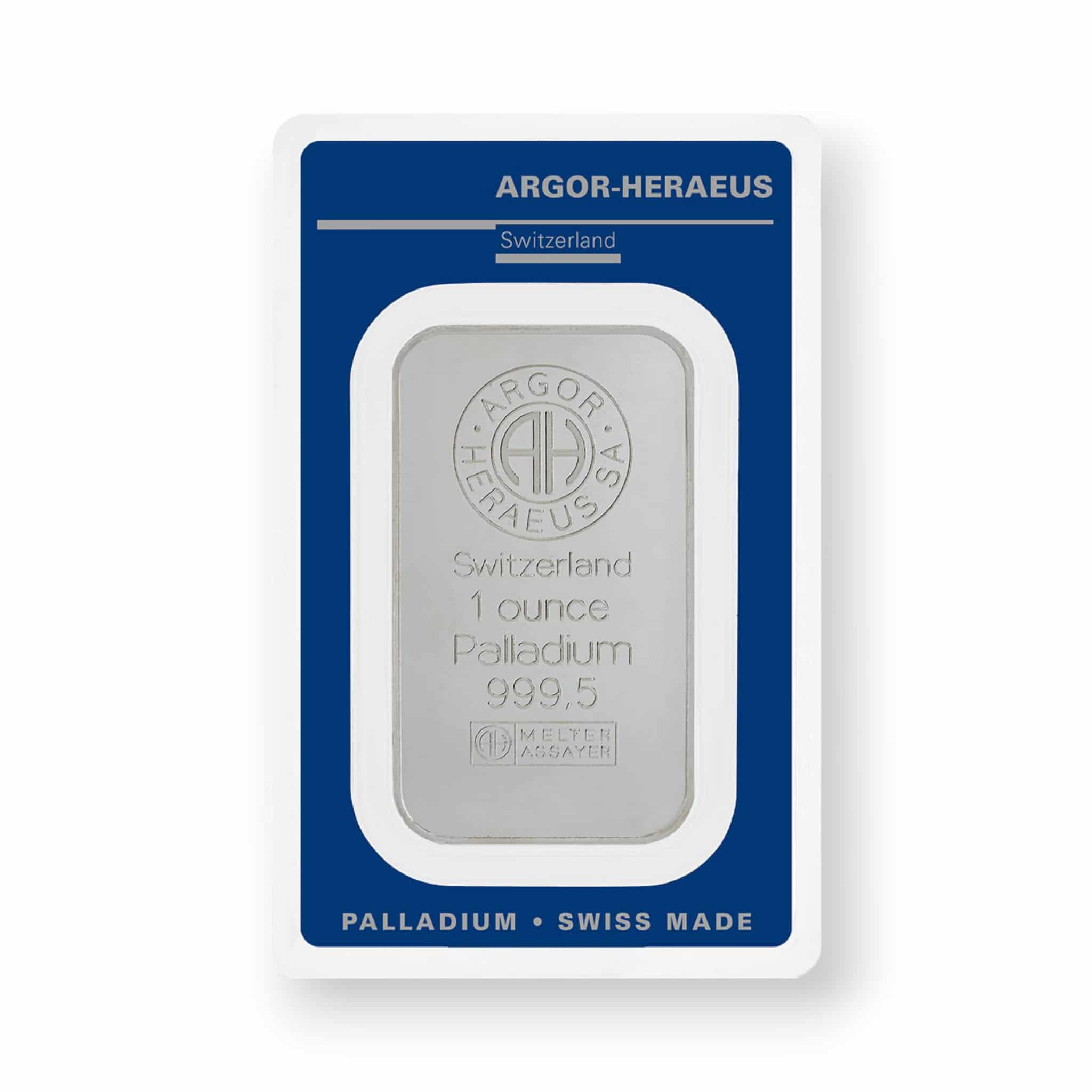Image of 1 oz Palladium Bar Argor Heraeus .9995 Fine Sealed in Carded Assay