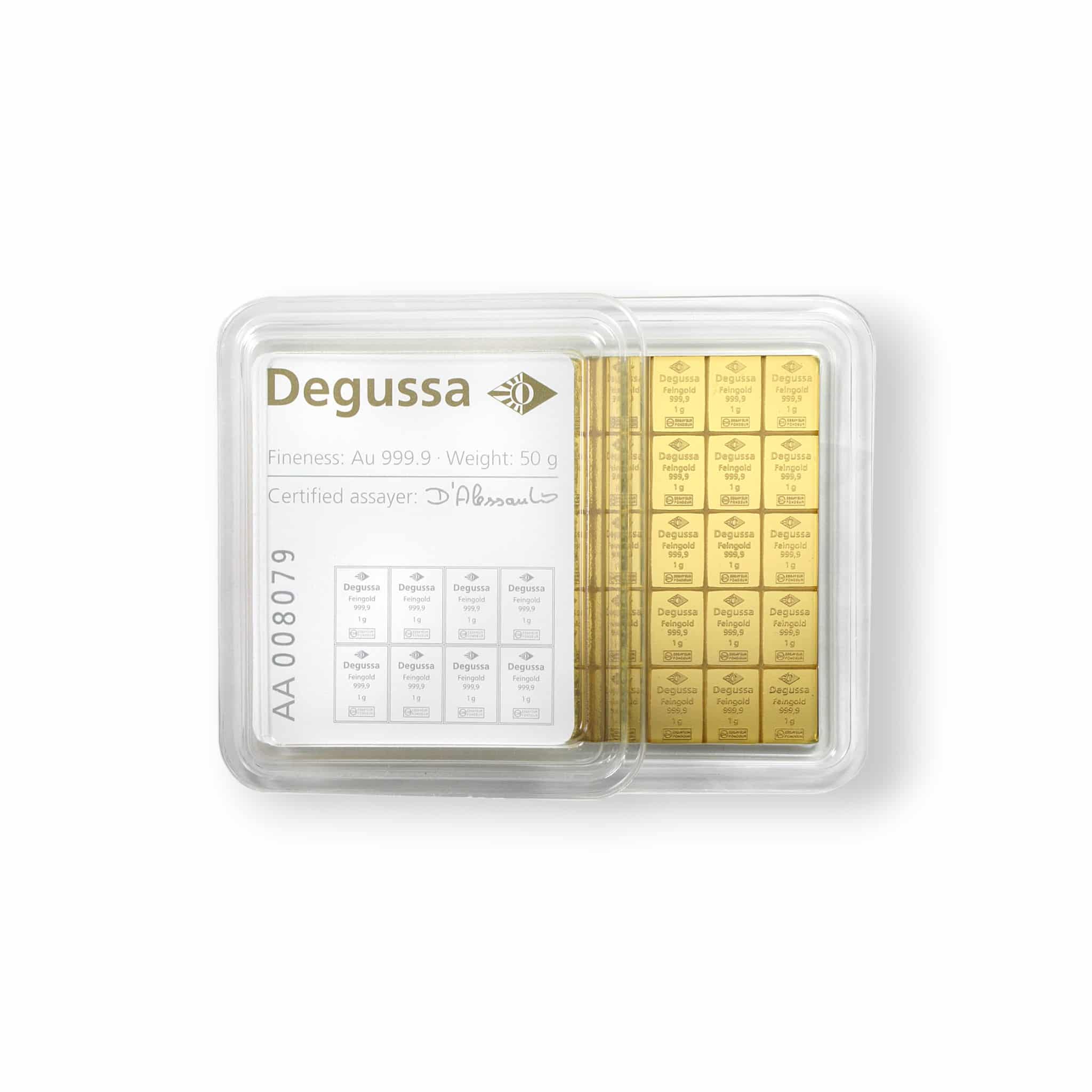 Image of 50 x 1 Gram Gold Degussa CombiBar Sealed in Carded Assay