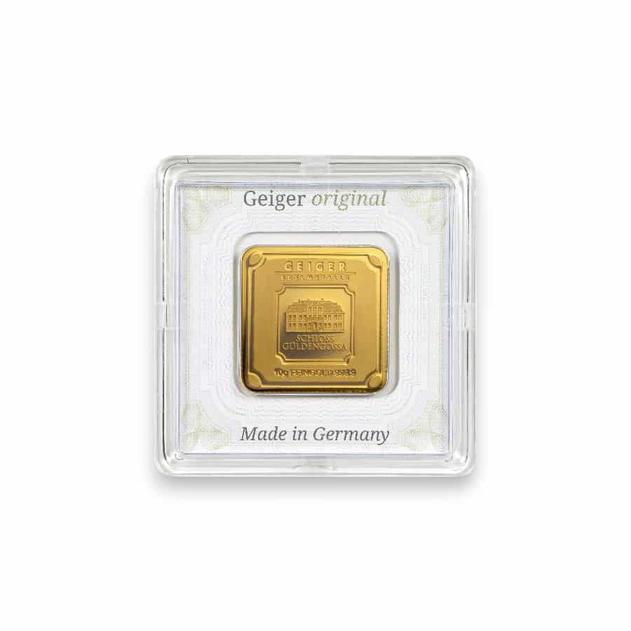 Image of 10 Gram Gold Geiger Original Bar .9999 Fine Sealed in Carded Assay