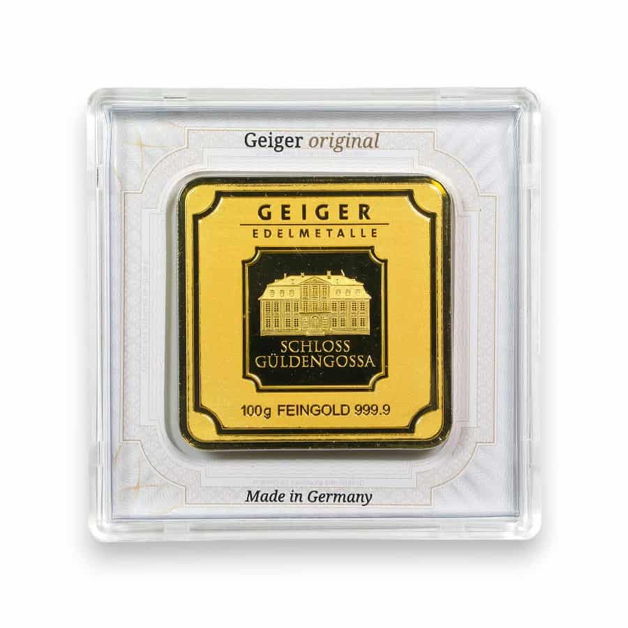 Image of 100 Gram Gold Geiger Original Bar .9999 Fine Sealed in Carded Assay