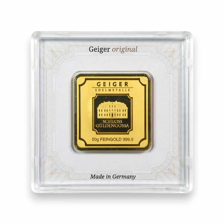 Image of 50 Gram Gold Geiger Original Bar .9999 Fine Sealed in Carded Assay