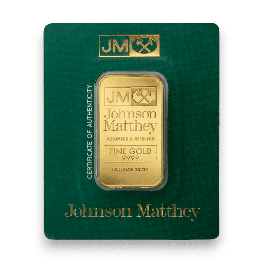 Image of 1 oz Johnson Matthey Gold Bar .9999 Fine Sealed with Carded Assay