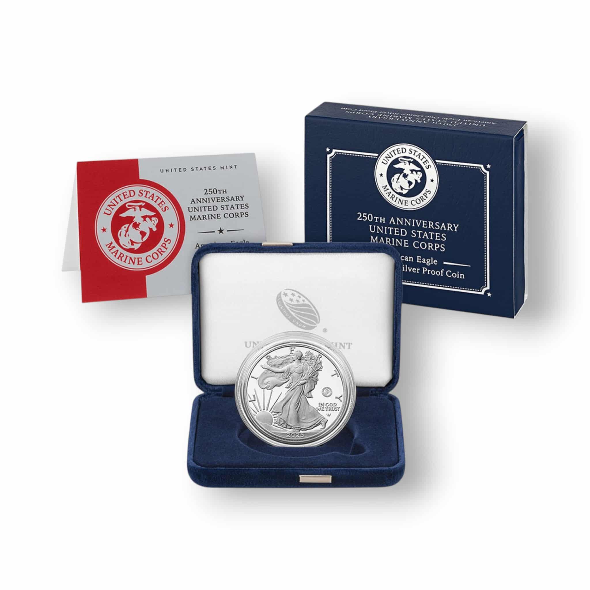 Image of 250th Anniversary United States Marine Corps American Eagle One Ounce Silver Proof Coin (25MPM)