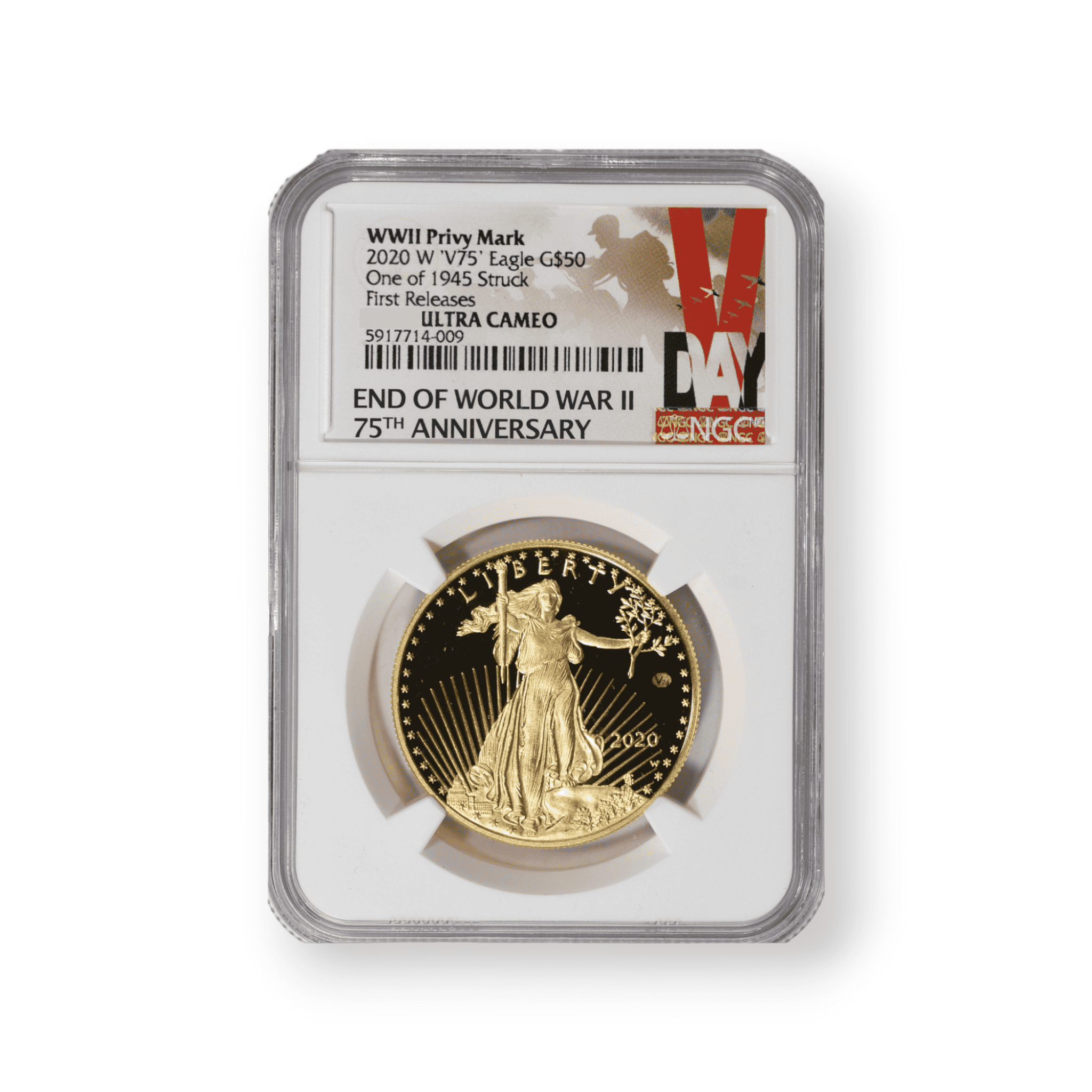 Image of 2020-W WWII American Gold Eagle V75 Privy $50 Coin NGC Certified .9999 Fine (1 of 1945 Struck)