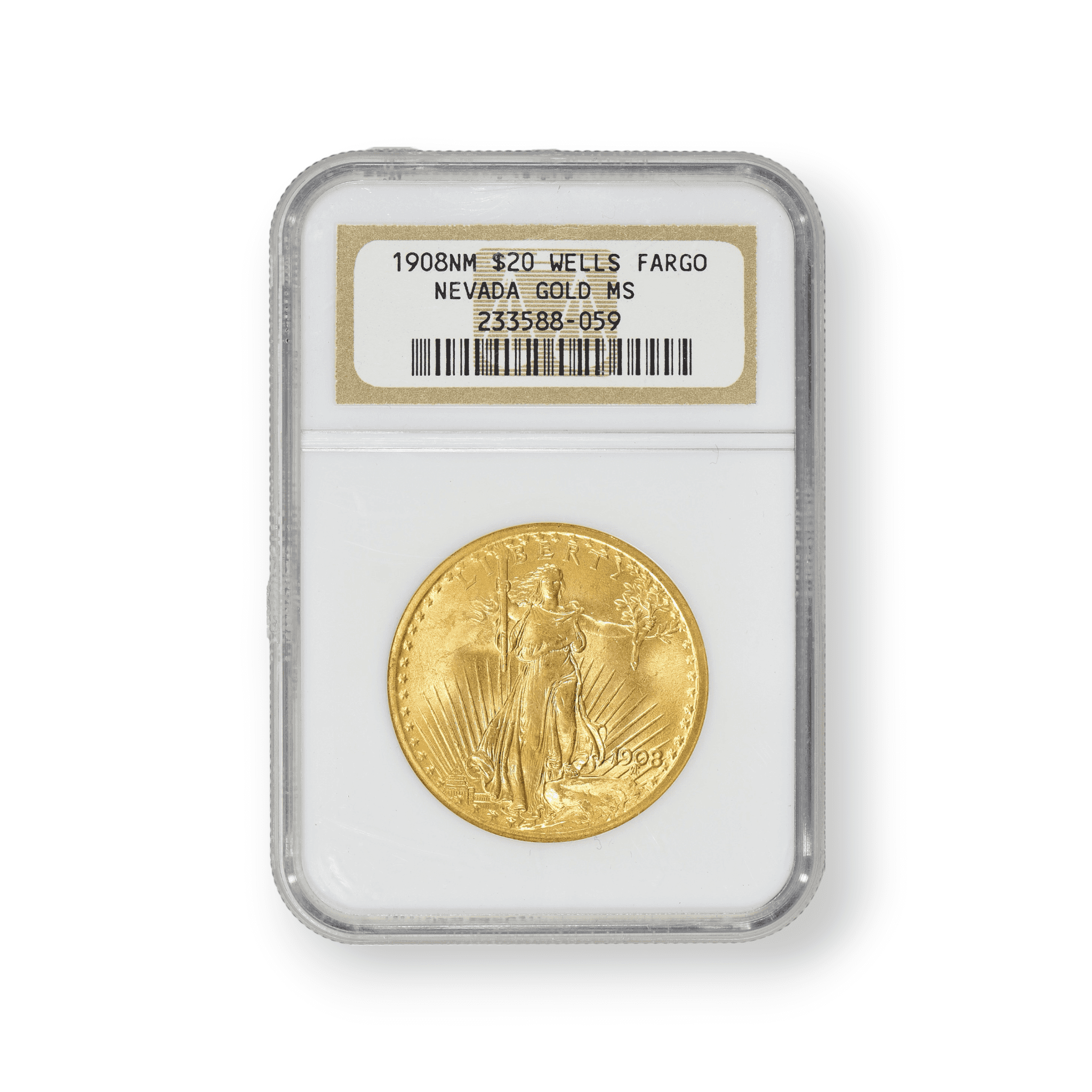 Image of 1908 No Motto Wells Fargo $20 St. Gaudens Double Eagle Gold NGC Certified