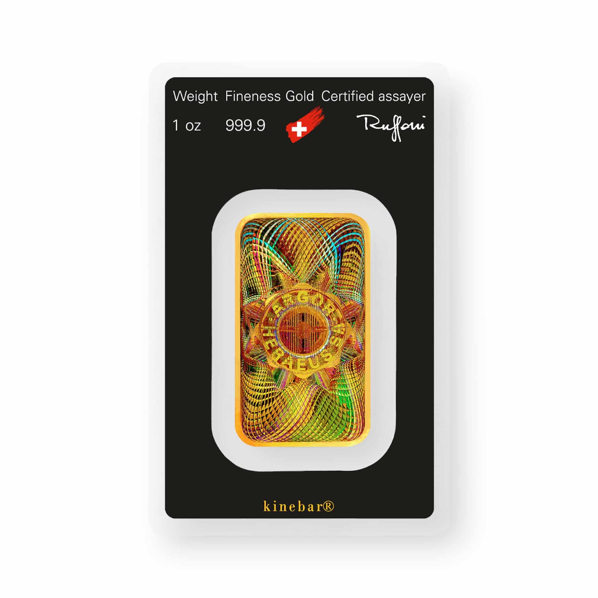 Image of 1 oz Gold Bar Argor Heraeus KineBar .9999 Fine Sealed in Carded Assay