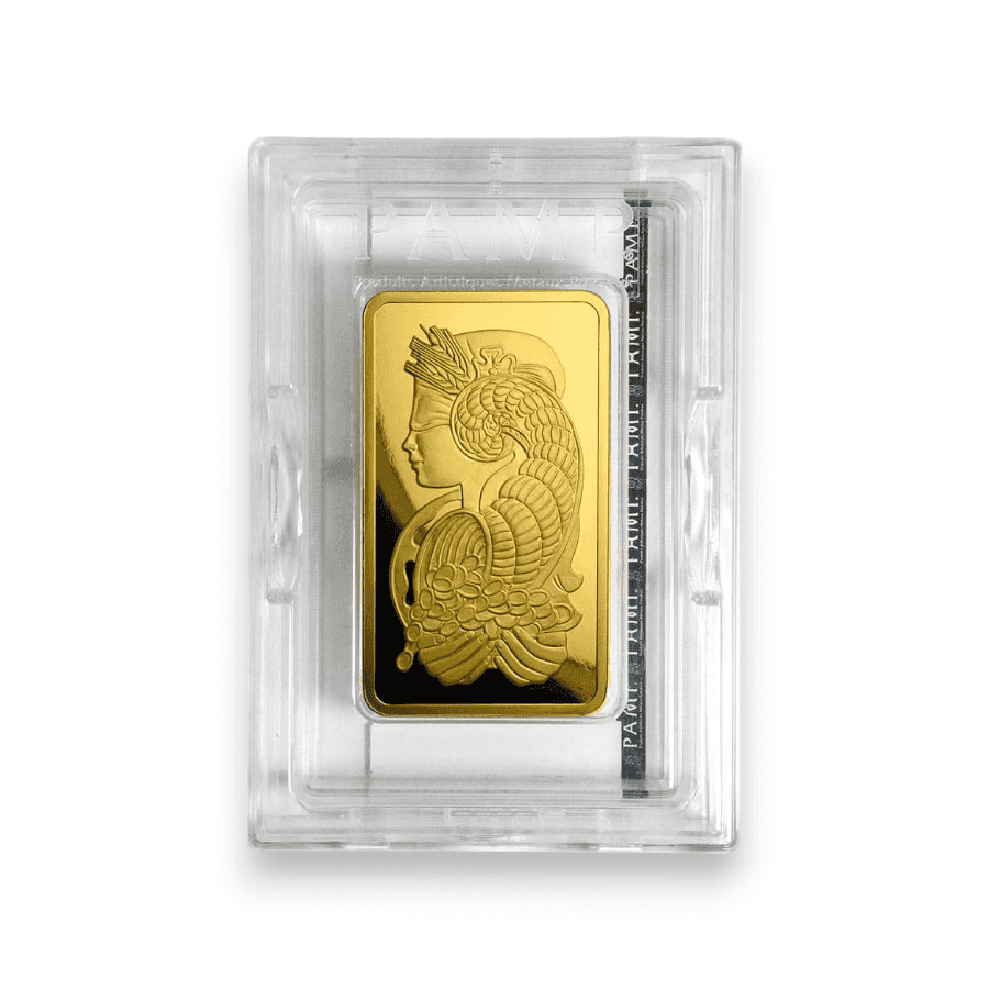 Image of 5 oz Gold Pamp Lady Fortuna Veriscan Bar .9999 Fine Sealed with Plastic Assay Card