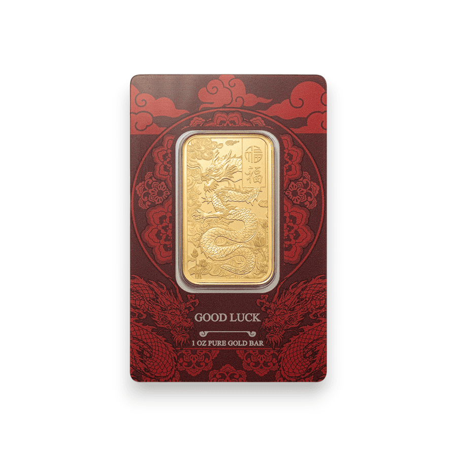 Image of 1 oz Gold Bar PAMP Suisse Good Luck Yellow Dragon (New in Assay)