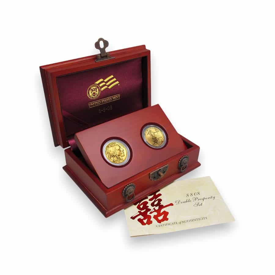 Image of 2008 (08/08/08) Double Prosperity American Gold Eagle & Buffalo 1/2 oz Gold Coin Set with Box & COA
