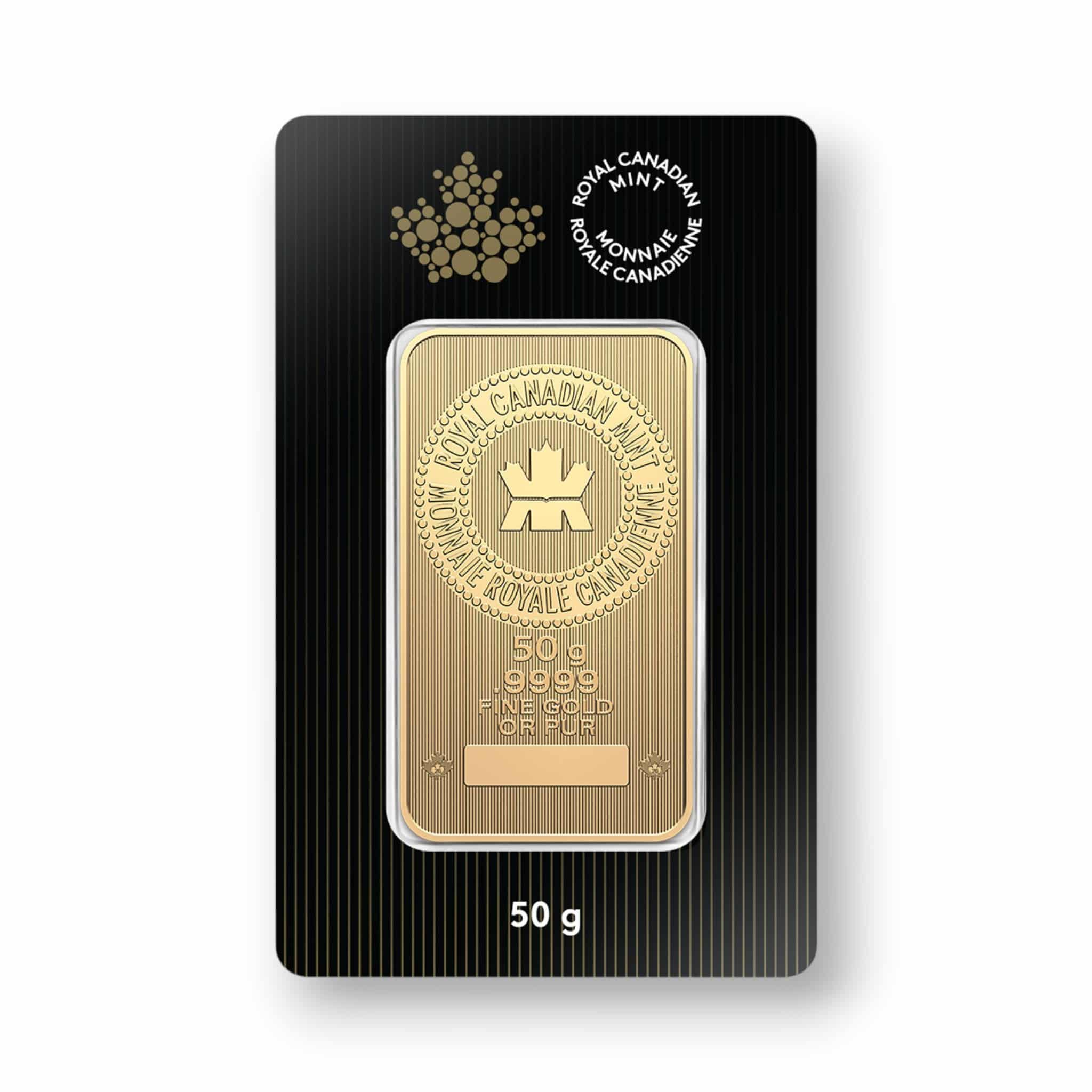 Image of 50 Gram Royal Canadian Mint .9999 Fine Gold Bar Sealed in Assay