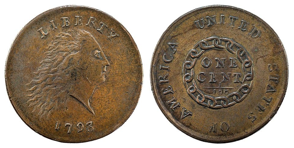 1793 Chain cent, obverse and reverse, from the Smithsonian's National Numismatic Collection