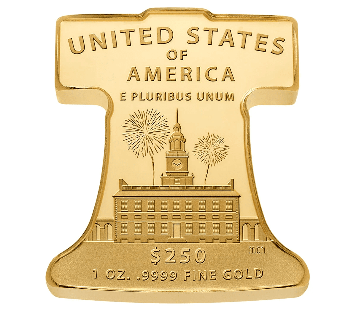 Reverse of the US Mint Freedom Ringing Liberty Bell one ounce gold coin showing Independence Hall with fireworks and 250 dollar face value.