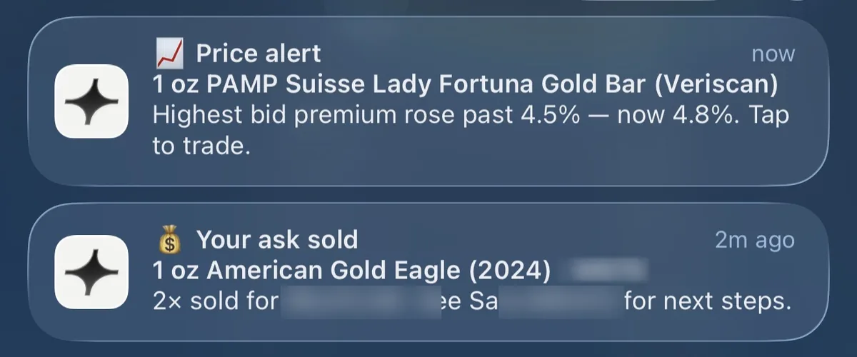 Two Pure notifications on an iPhone lock screen: a price alert on a 1 oz PAMP Suisse Lady Fortuna gold bar and a your-ask-sold notice
