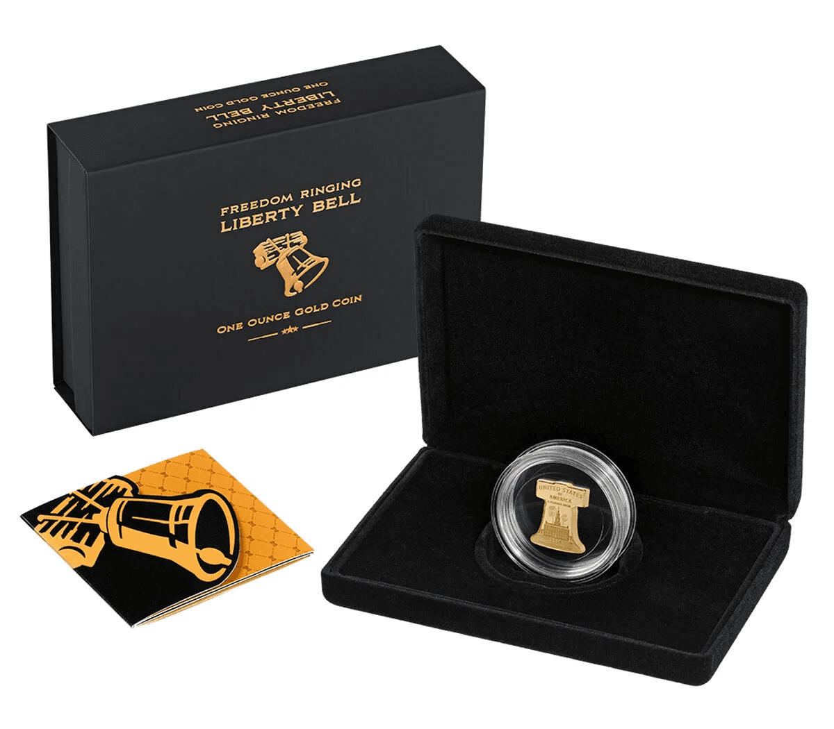 US Mint Freedom Ringing Liberty Bell one ounce gold coin in its black presentation box with certificate.
