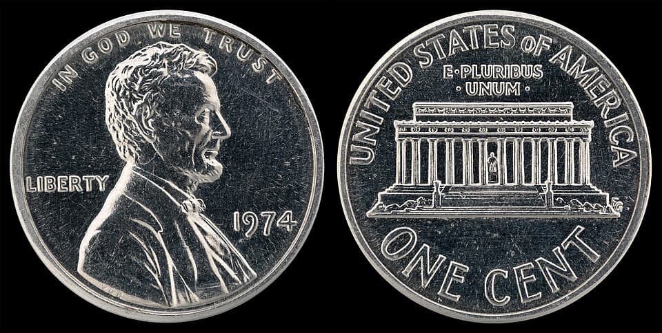 1974 aluminum Lincoln cent, obverse and reverse, from the Smithsonian's National Numismatic Collection