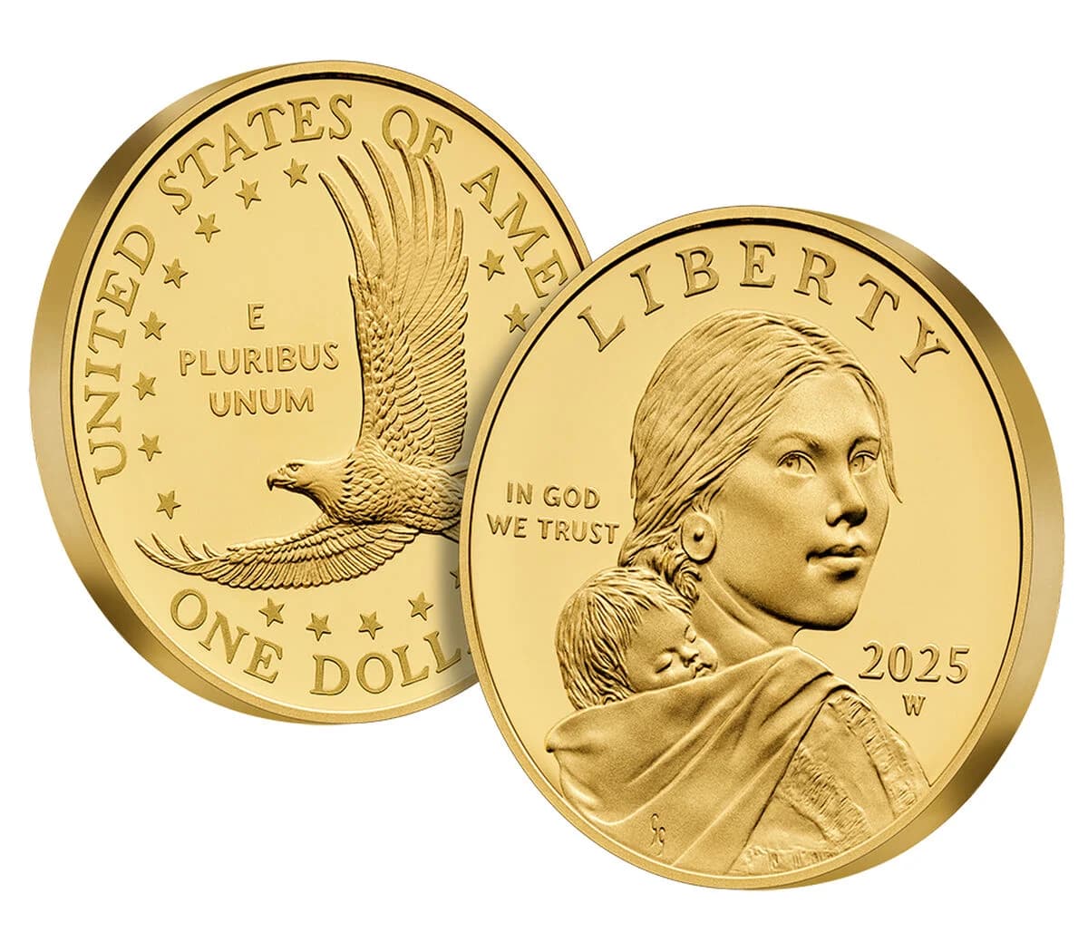 Front Back for 25th Anniversary Sacagawea 2025 Golden Dollar 24K One Half-Ounce Gold Proof Coin