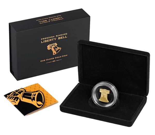 Freedom Ringing one-ounce Liberty Bell gold coin in its U.S. Mint presentation case