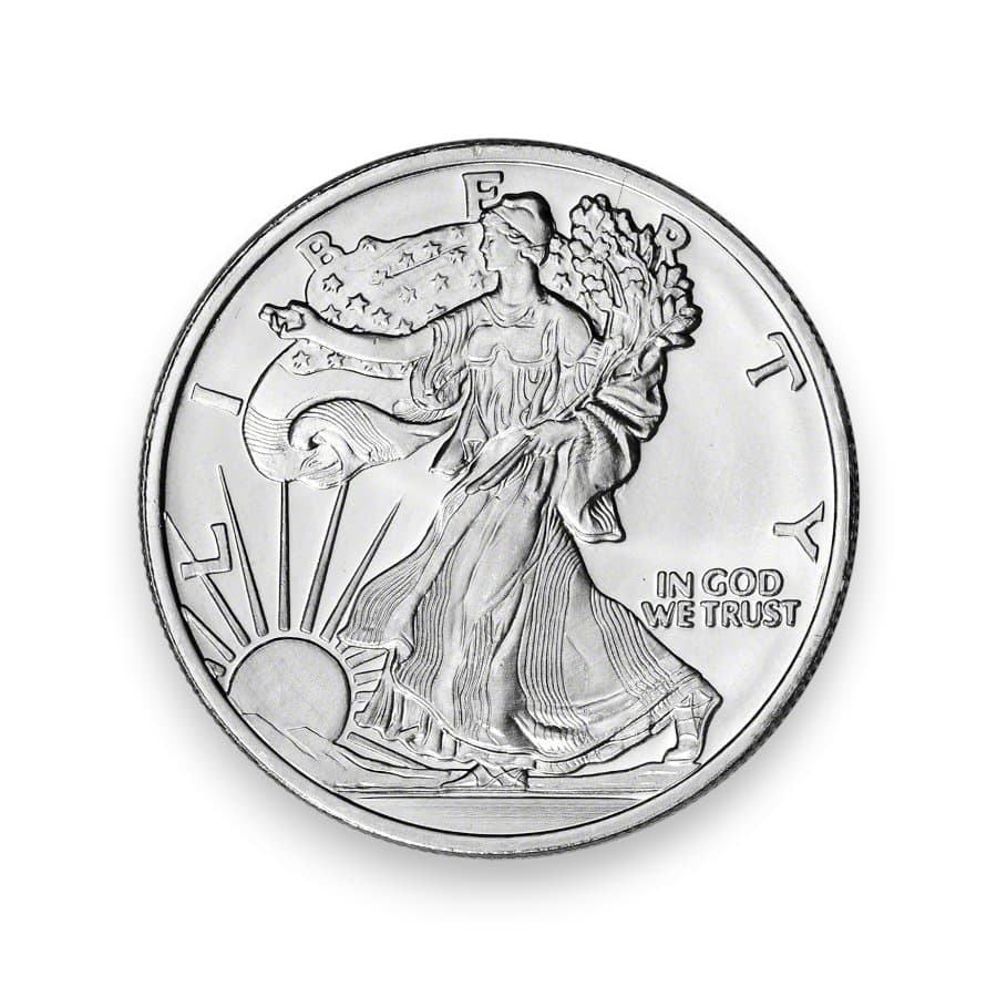 A silver round with the Walking Liberty design
