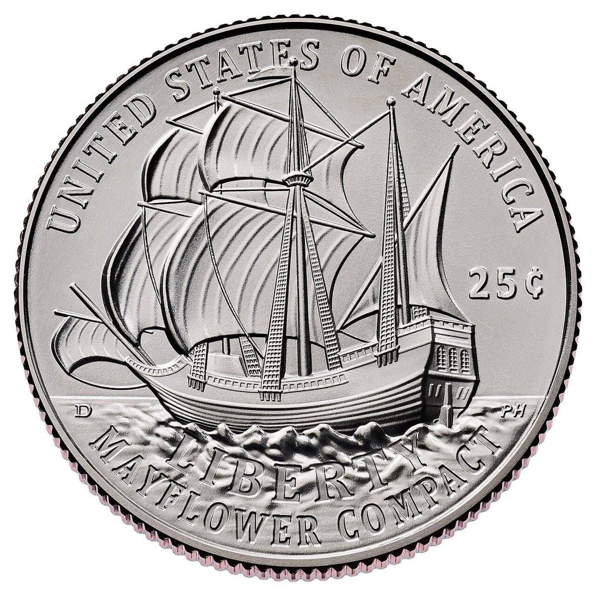 Reverse of the 2026 Mayflower Compact quarter, showing the Mayflower under sail above the waves