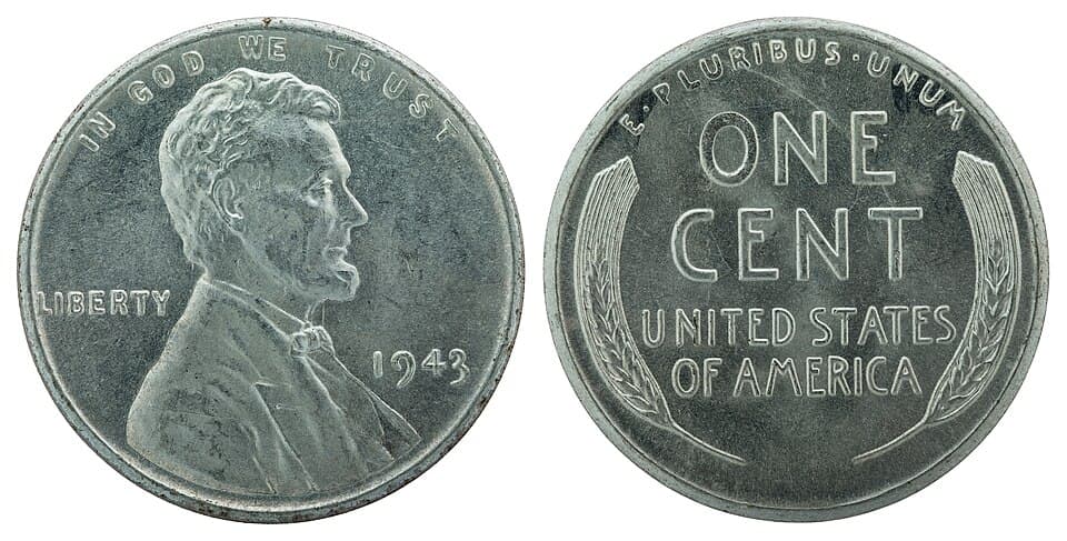 1943 Lincoln Wheat cent in zinc-coated steel, from the Smithsonian's National Numismatic Collection
