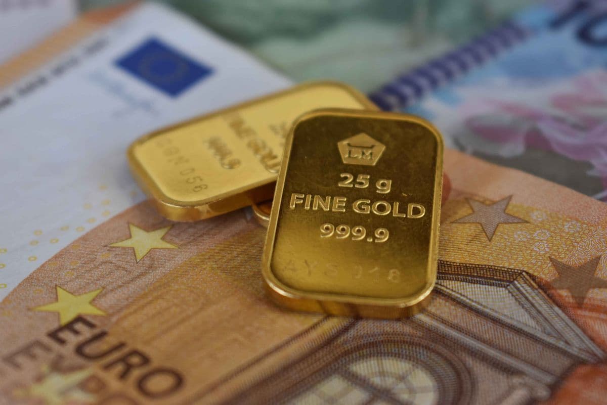 Two 25 gram fine gold bars resting on euro banknotes
