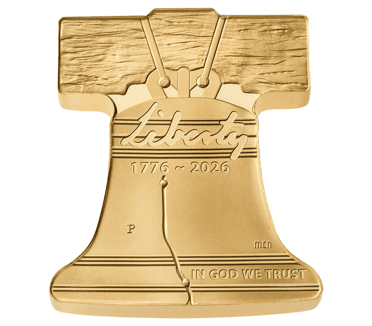 Obverse of the US Mint Freedom Ringing Liberty Bell one ounce gold coin showing the bell-shaped design, the word Liberty, and the dates 1776 to 2026.
