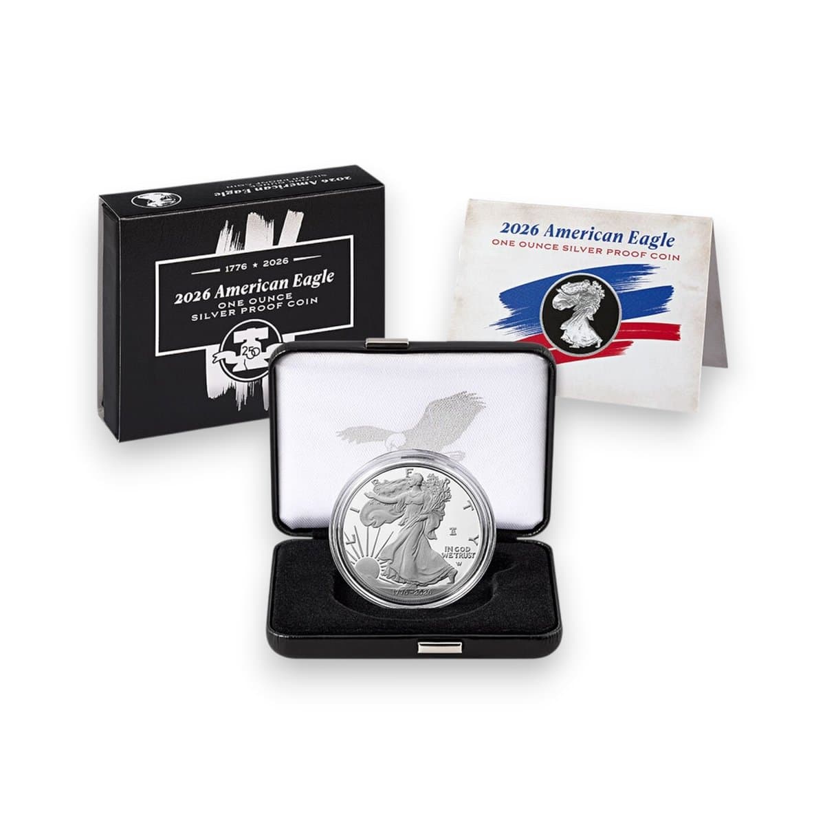 A 2026-W proof American Silver Eagle dated 1776 to 2026 in its black Mint case, with the outer box and certificate of authenticity