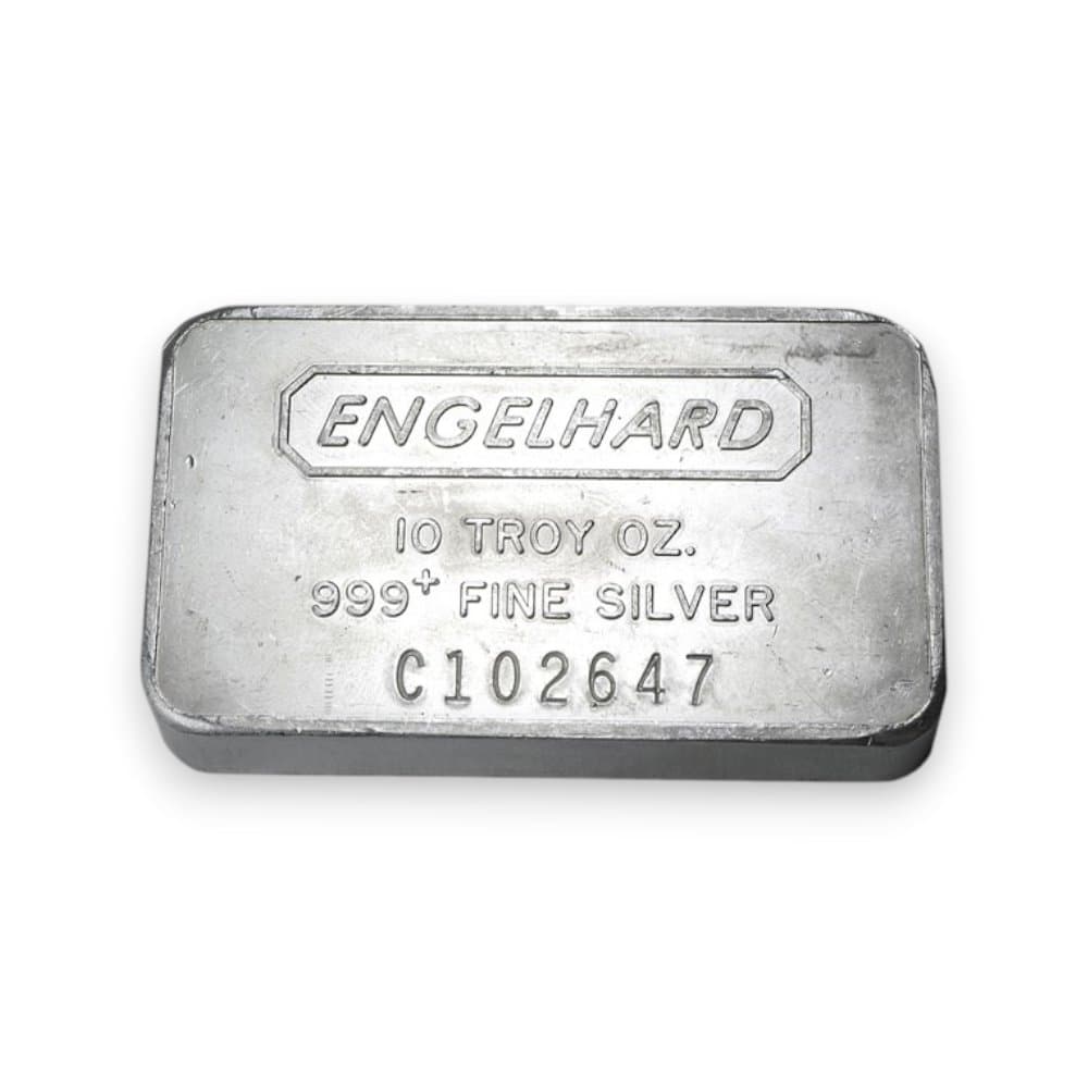 An Engelhard 10 troy oz bar of 999+ fine silver, serial C102647