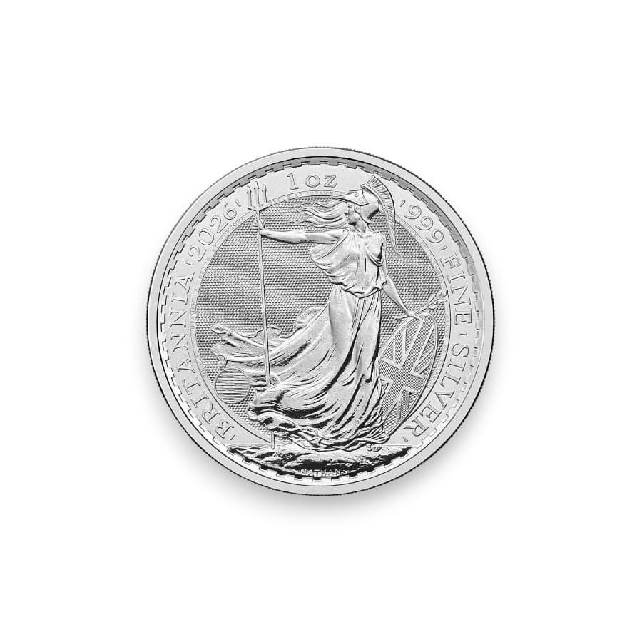 A 2026 one ounce silver Britannia coin, 999 fine, from the Royal Mint