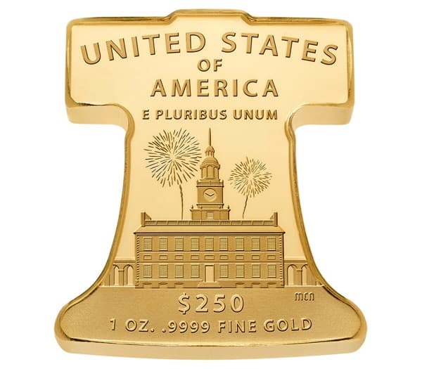 Reverse of the Liberty Bell gold coin showing Independence Hall, fireworks, and the $250, 1 oz .9999 fine gold inscriptions