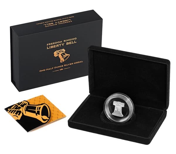Freedom Ringing half-ounce Liberty Bell silver medal in its U.S. Mint presentation case