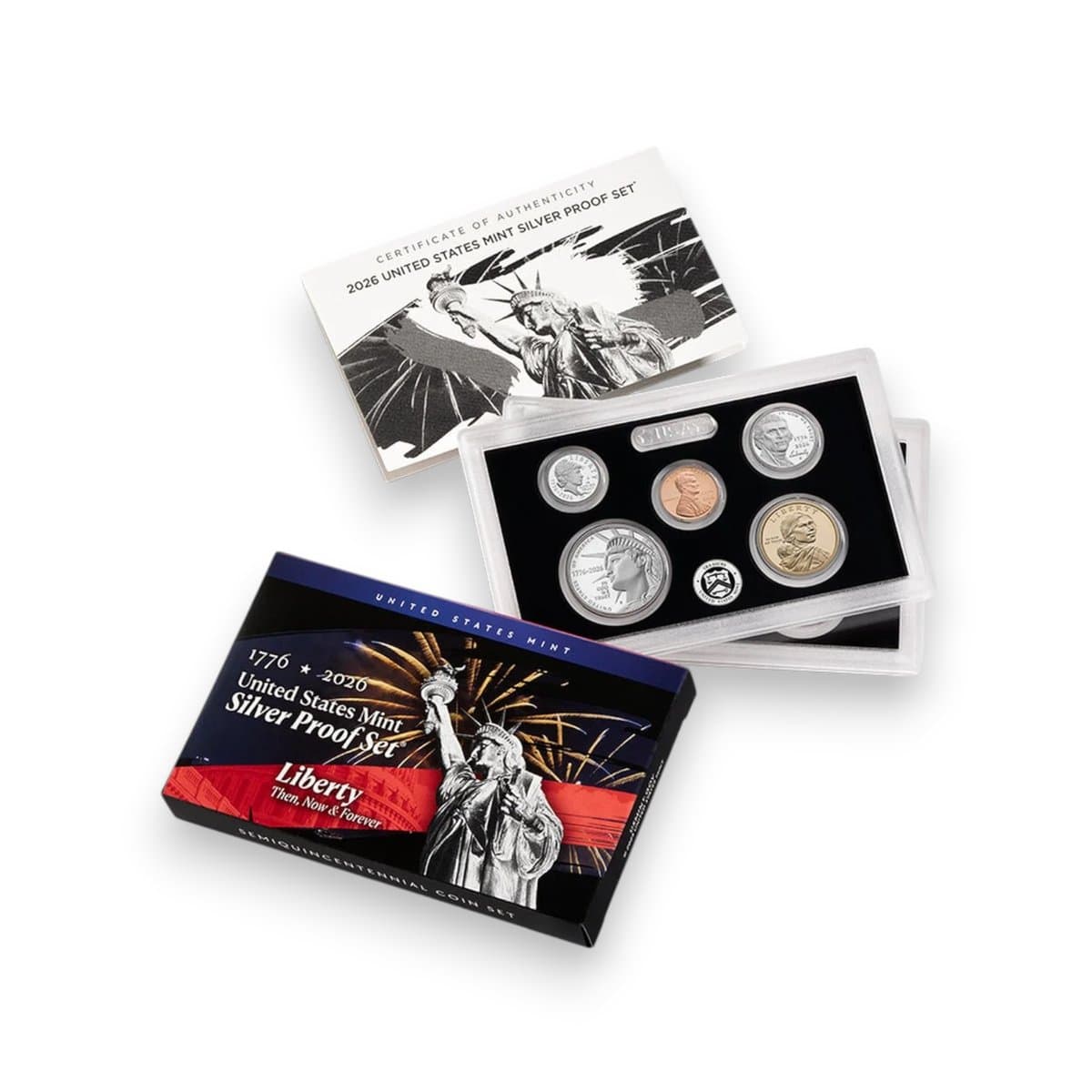 The 2026 United States Mint Silver Proof Set with its outer box, a lens of proof coins, and the certificate of authenticity