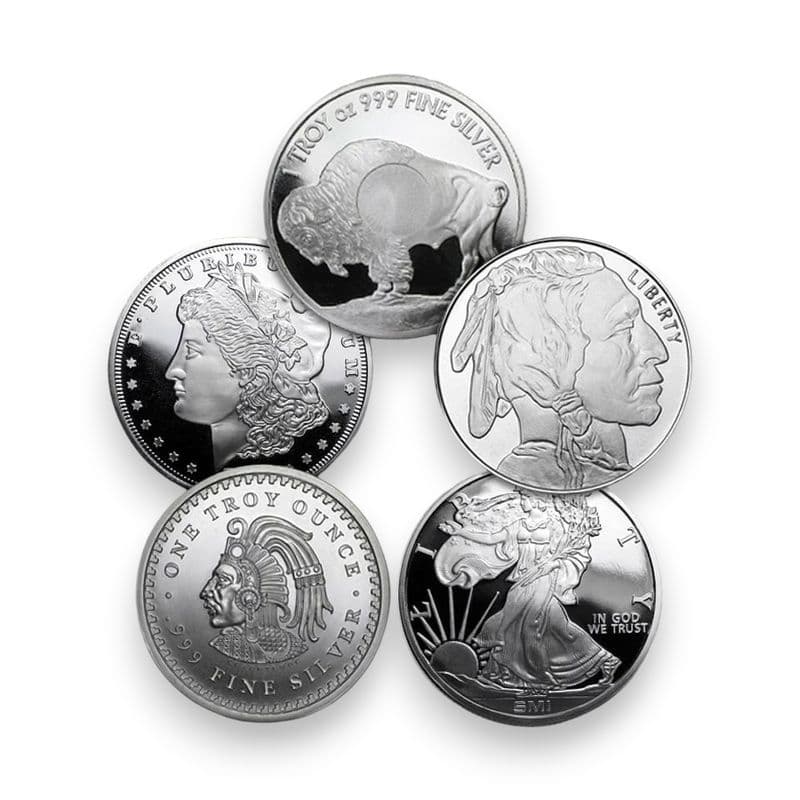 Several 1 ounce .999 fine silver rounds in different designs