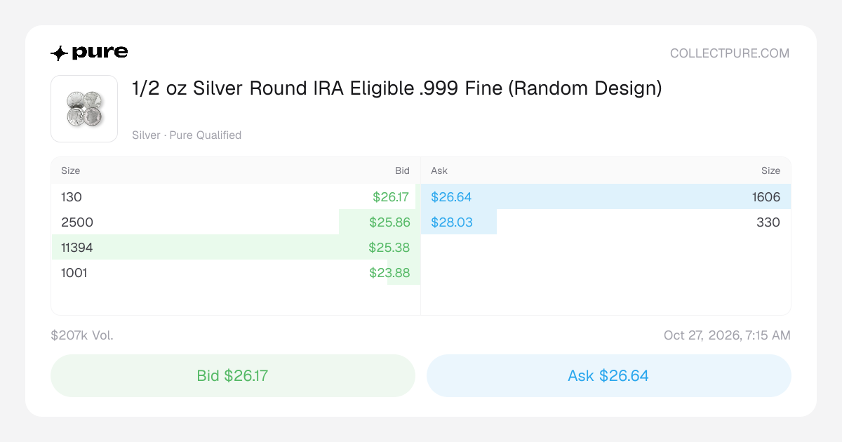 Buy 1/2 oz Silver Round IRA Eligible .999 Fine (Random Design) | PURE
