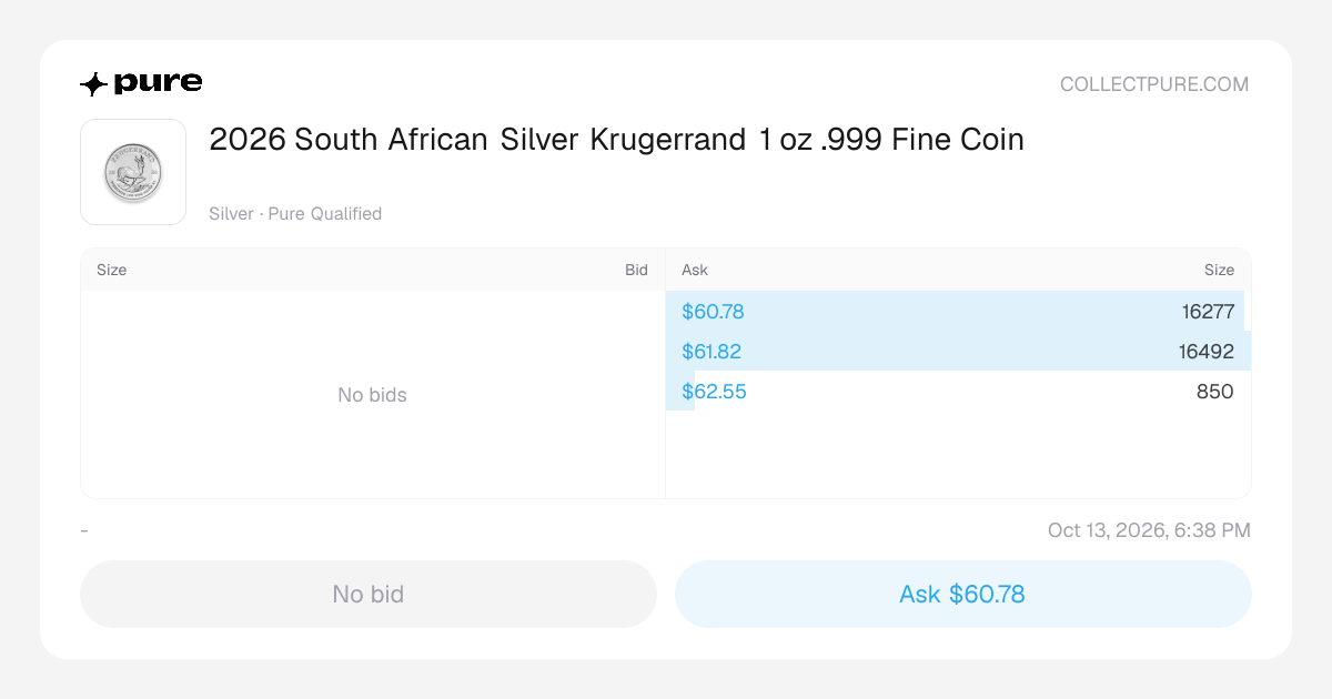 Buy 2026 South African Silver Krugerrand 1 oz .999 Fine Coin | PURE