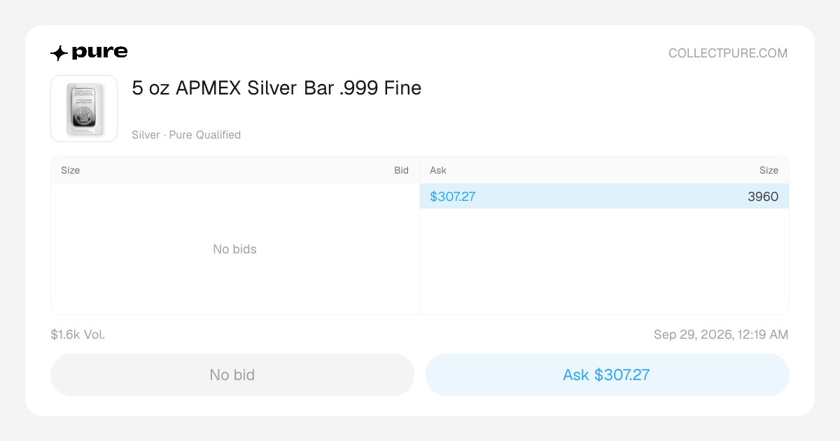 Buy 5 oz APMEX Silver Bar .999 Fine | PURE